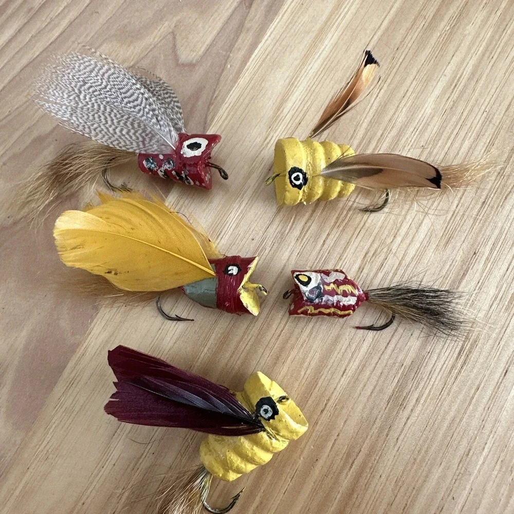 Vtg Handmade Fly Fishing Cork Popper Lures Lot of 5 Feathers Horsehair (1)